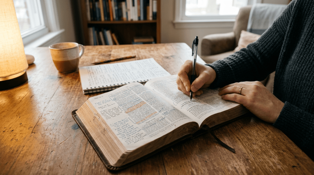 Person taking notes in a Bible with pen and notebook on wooden table. AI Generated 